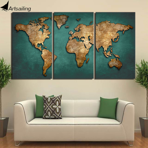 HD imprimé 3 pièces toile Art carte du monde toile peinture Vintage Continent mur photos pour salon livraison gratuite NY-7022D ► Photo 1/3