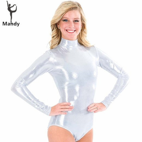 Mandy – costume de justaucorps de gymnastique en Lycra argenté à col roulé pour adulte, à manches longues, métallique, avec fermeture éclair, pour fille, danse de Ballet ► Photo 1/3