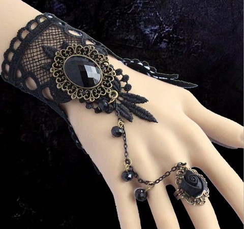 Nouveauté Vintage noir dentelle fleurs sans doigts gants de mariée + alliage anneau/Bracelet de mariée 1143 ► Photo 1/1