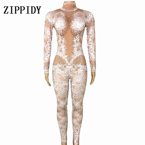 Combinaison avec des strass et des Leggings extensible, Costume Sexy pour femme, tenue en boîte de nuit, soirée, danse, body barboteuse à la mode ► Photo 1/6