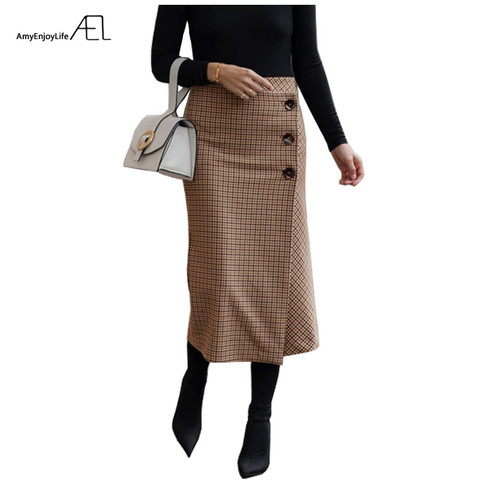 AEL Rétro Femme Hight Taille Asymétrie De Laine Midi Jupe Wrap Nouveau Plaid Femmes Vêtements Vintage De Mode Jupe Longue Femme Mince ► Photo 1/6