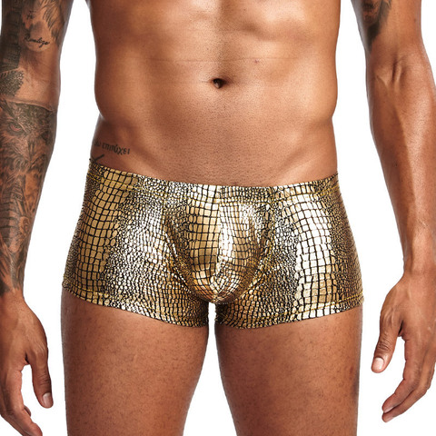 Peau de serpent en cuir Sexy hommes sous-vêtements boxeurs marque ouvert avant sans entrejambe Boxer Shorts hommes U convexe taille basse hommes caleçons ► Photo 1/6