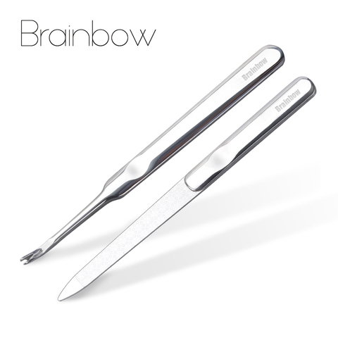 Brainbow – manucure professionnelle en acier inoxydable, 2 pièces/paquet, poussoir à cuticules, dissolvant de peau morte, lime à ongles, tampon de ponçage ► Photo 1/6