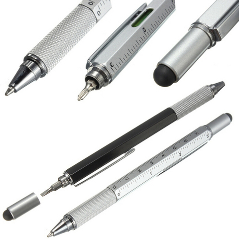 Règle tournevis, stylo à bille, niveau à bulle, avec un dessus et une échelle, stylo métallique multifonction 6 en 1 ► Photo 1/6