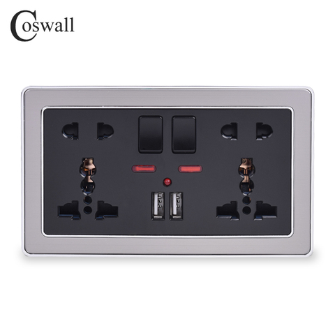 Coswall-prise murale universelle 5 trous, commutation avec néon 2,1 a, Double Port de chargeur USB, cadre en acier inoxydable, prise noire ► Photo 1/3