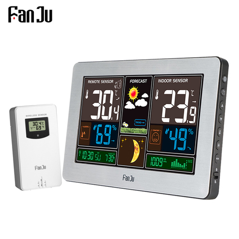 FanJu FJ3378 Station météo sans fil mur horloge numérique baromètre thermomètre hygromètre capteur prévision coloré LCD affichage ► Photo 1/6