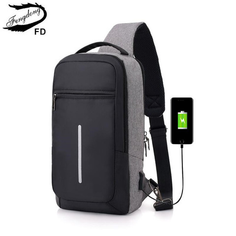 Fengdong-sac à dos à bandoulière pour hommes, sac à dos unisexe avec bande réfléchissante, petite sacoche imperméable usb ► Photo 1/6