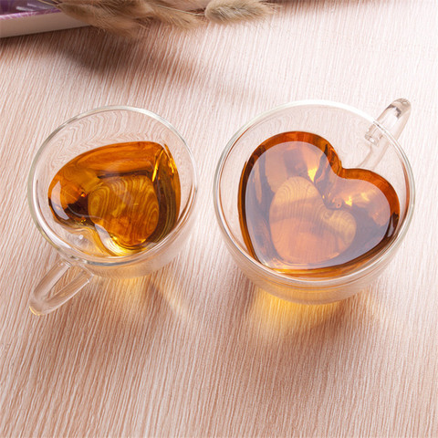 Coeur D'amour En Forme de Double Mur Tasse En Verre Résistant Kungfu Thé tasse lait lemon jus tasse verres amant tasses à café tasse cadeau ► Photo 1/5