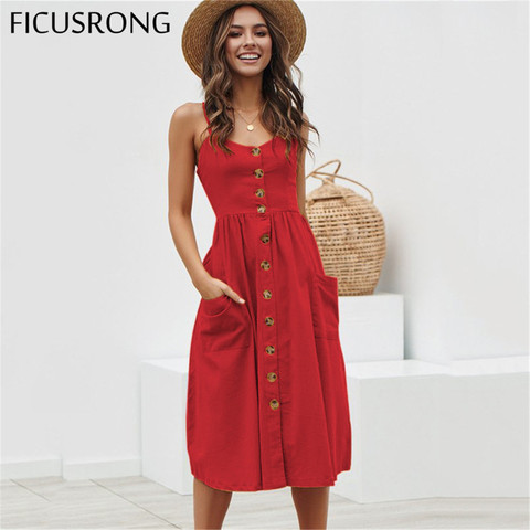 Élégant bouton femmes robe à pois rouge coton robe Midi été décontracté femme grande taille dame plage vestidos FICUSRONG ► Photo 1/6