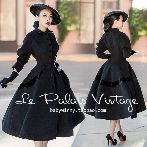 35-le palais vintage hiver femmes 50 s élégant Audrey Hepburn style noir long manteau de laine pinup abrigos mujer grande taille 4xl veste ► Photo 1/1