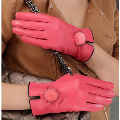 Gant chauffe-main en cuir véritable pour femme, avec boule de fourrure de vison naturelle, de luxe, avec doigt, collection hiver ► Photo 1/5