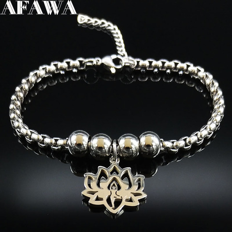 Bracelet Lotus de Yoga en acier inoxydable pour femmes, couleur argent, perle, bijoux en Cuir, B18284, 2022 ► Photo 1/6
