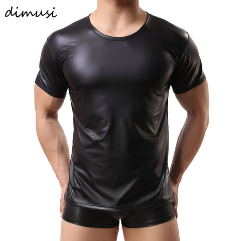 DIMUSI PU En Cuir T Chemises Hommes Sexy Fitness Tops Gay T-shirt T-shirts scène Mens T-shirt O-cou Sexy Hommes Casual Vêtements PA070 ► Photo 1/5