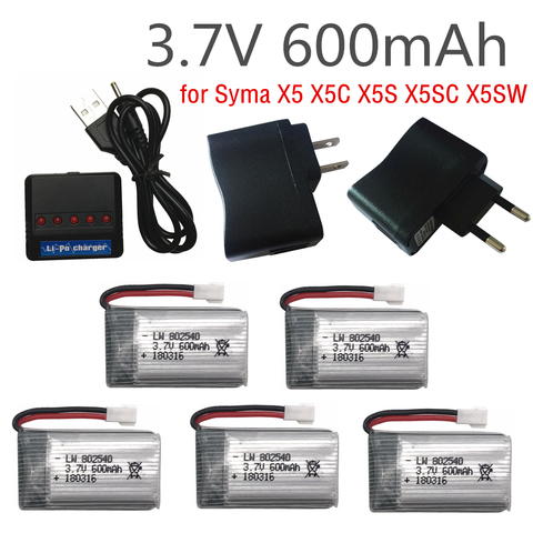 5 pièces 3.7 V 600 mAh Lipo batterie Pack + 5 in1 chargeur pour Syma X5 X5C X5S X5SC X5SW RC quadrirotor télécommandé avion ► Photo 1/4