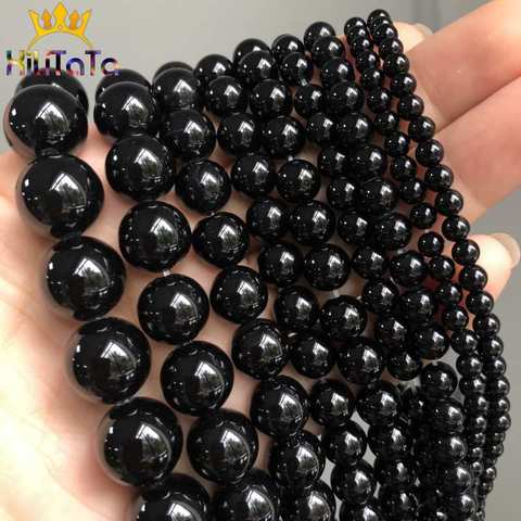 Perles en pierre d'onyx Agates noires naturelles, rondes et lisses pour la fabrication de bijoux, bracelets à faire soi-même, 15 pouces, 4/6/8/10/12/14mm ► Photo 1/5