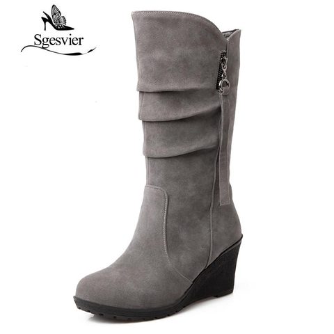 SGESVIER bottes d'hiver femme demi genou bottes talon compensé femme mode bottes en plein air bottes de neige pour femmes botas taille 28-52 OX003 ► Photo 1/6