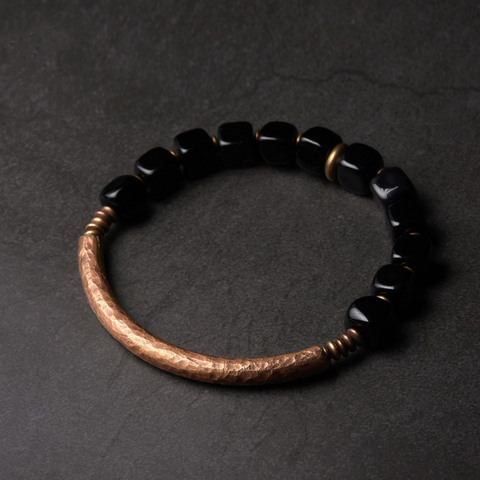 Bracelet en obsidienne noire cubique, avec accessoires en cuivre Antique faits à la main, bijoux en pierre de Protection tendance pour hommes et femmes ► Photo 1/6