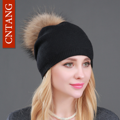 Chapeaux en laine tricotés pour femmes | Automne et hiver, bonnet en fourrure, bonnet chaud pour femmes avec Pompon, bonnet en fourrure de raton laveur naturel ► Photo 1/6