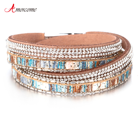 Amorcome – Bracelets en cuir avec Graffiti pour femmes, bijoux Vintage, cristal brillant, Boho multicouche, Double enroulement ► Photo 1/6