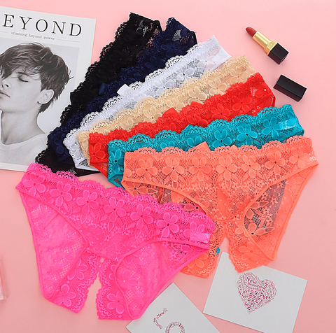 Lingerie Sexy pour femmes, sous-vêtement ouvert à l'entrejambe, culotte en dentelle, jouets sexuels avec nœud au dos ► Photo 1/6