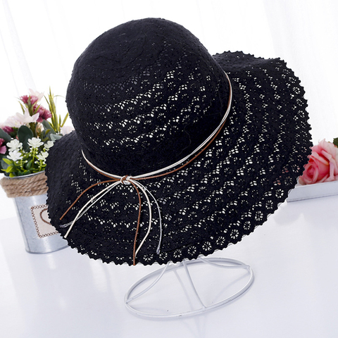 Chapeau de soleil pliable en coton pour femmes, avec nœud de plage, en paille ► Photo 1/6