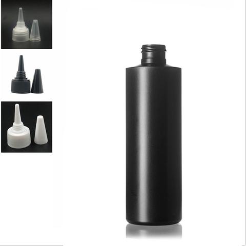 Bouteille souple vide en plastique de 250ml, cylindre rond noir en HDPE avec bouchon hélicoïdal noir/blanc/transparent, capuchon à bec pointu ► Photo 1/4