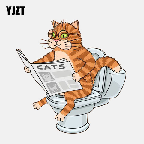 Yzzt-autocollant de voiture en PVC dans un journal, chat sur les toilettes, 14.2x14.6CM, lunettes, 11-01043 ► Photo 1/6