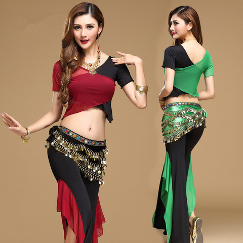 Qualité danse du ventre costume ensemble bellydance pratique vêtements indien ensemble ensemble de gaze pantalon couleur bloc ensemble 8 couleurs Top & pantalon et Ceinture ► Photo 1/6