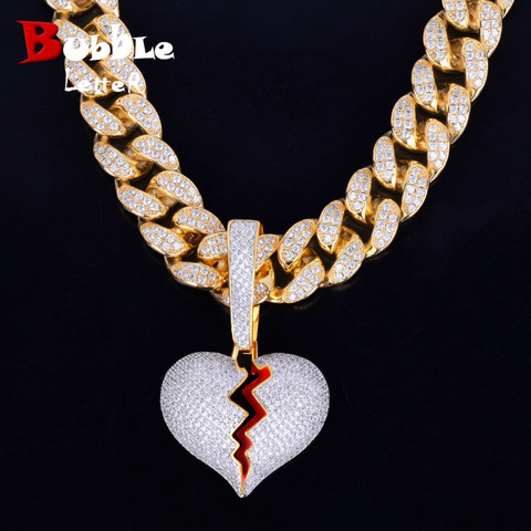 Colliers avec pendentifs en forme de coeur brisé, chaîne cubaine, 20MM, couleur or, brillant AAA, bijoux Hip Hop pour cadeau ► Photo 1/6