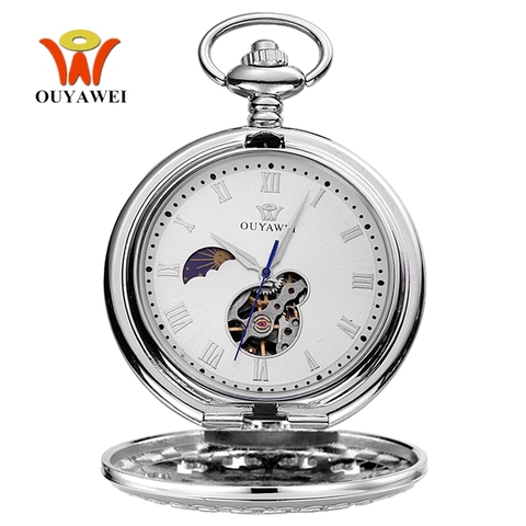 Luxe OYW remontage à la main mécanique argent hommes montre de poche squelette cadran en acier collier chaîne pendentif robe Vintage Fob montres ► Photo 1/6