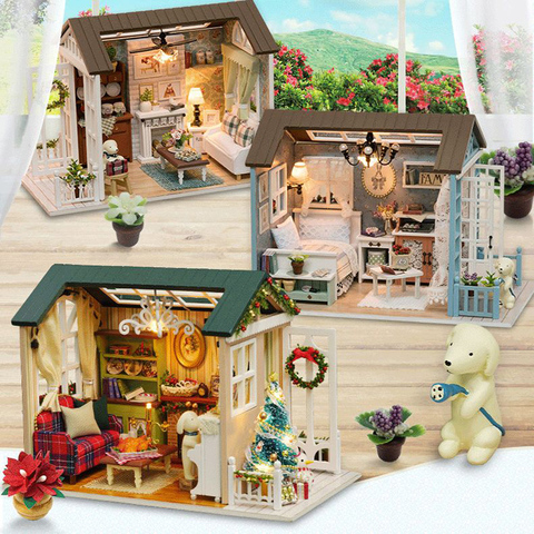 Maison De poupée bricolage Miniature maison De poupée modèle en bois jouet meubles Casa De Boneca poupées maisons jouets pour enfants cadeaux d'anniversaire Z007 ► Photo 1/6