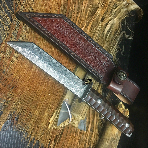 PEGASI 60 HRC artisanal damas safari collection cadeaux avec couteau droit acide-bois branche poignées et tanins végétaux ► Photo 1/6