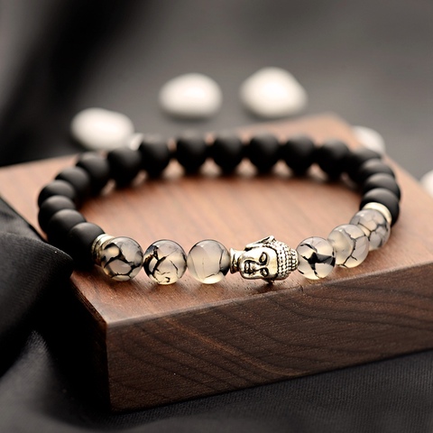 Bracelet d'équilibre bouddhiste de Yoga pour hommes et femmes, perles noires et mates en pierre naturelle, bijoux AB216 ► Photo 1/6