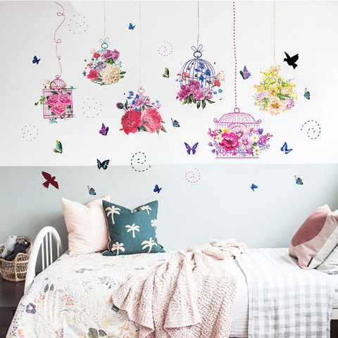 Autocollant Mural en cage papillon et fleur en forme d'oiseau, décoration pour salon, chambre à coucher, papier peint amovible ► Photo 1/6