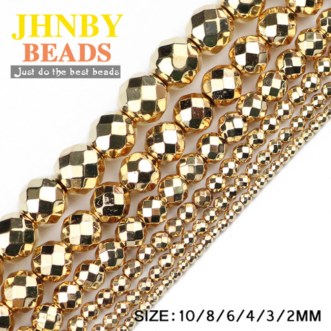 JHNBY – perles rondes en hématite à facettes, couleur or, 14 pierres naturelles, 2/3/4/6/8/10mm, pour la fabrication de bracelets et de bijoux, DIY ► Photo 1/1