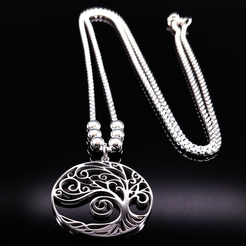 2022 mode arbre de vie en acier inoxydable collier couleur argent grand collier pour les femmes bijoux bisutérus mujer N18071 ► Photo 1/6