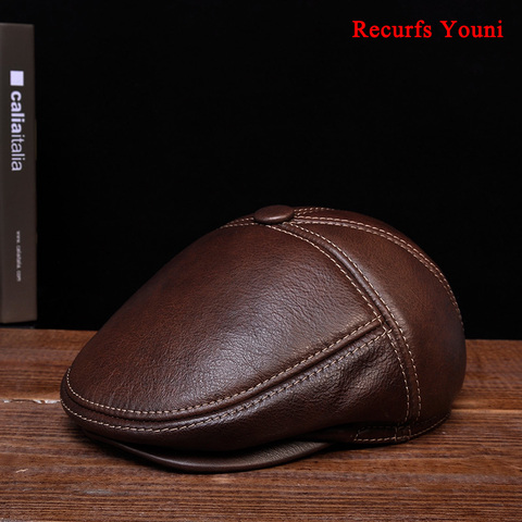 RY104 – béret épais en cuir véritable pour homme, bonnet à rabat en velours chaud avec ligne, noir/marron ► Photo 1/6