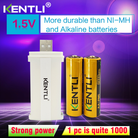 Kentli – 2 Batteries Lithium-ion 1.5V, 2400mwh, rechargeables, AA, li-polymère, chargeur intelligent USB, AA, AAA ► Photo 1/1