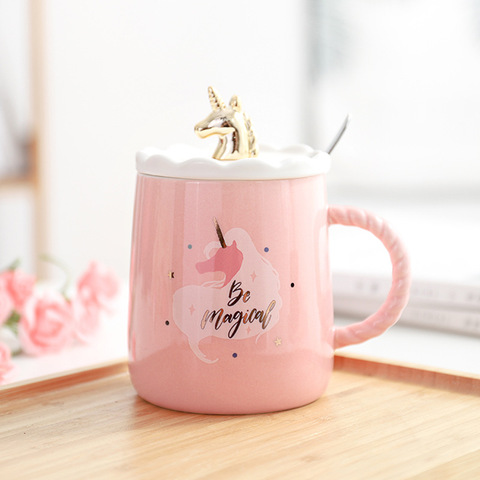 Tasse à café magique licorne rose, avec couvercle en or 3D et cuillère, tasse à thé en céramique, cadeau pour femmes et filles ► Photo 1/6