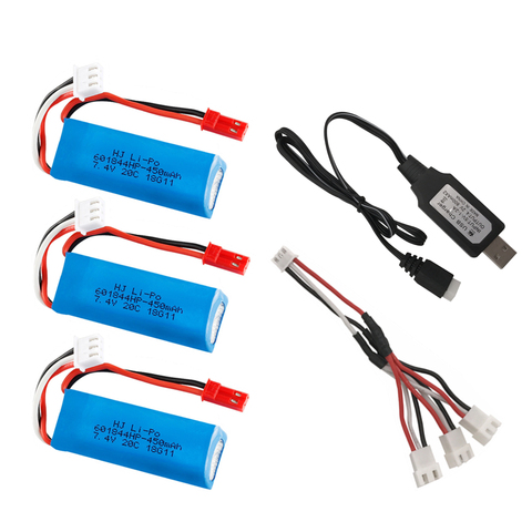 Lipo batterie et chargeur USB 7.4V, 450mAh, pour WLtoys K969, K979, K989, K999, P929, P939, RC 2s, batterie 7.4v, 3 pièces ► Photo 1/3