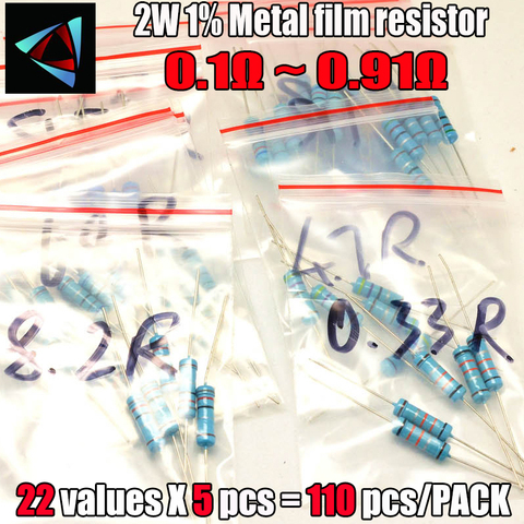 0.1R-0.91R ohm 2W 1% 22valuesX5pcs = 110 pièces résistance de film métallique d'immersion, Kit assorti de résistance ► Photo 1/1