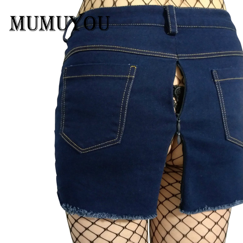 Mini-jupe en Denim bleu foncé pour femmes, coupe Empire, coupe au-dessus du genou, fermeture éclair, fente au dos, crayon déchiré, coupe ajustée, été, 912-A300 ► Photo 1/6