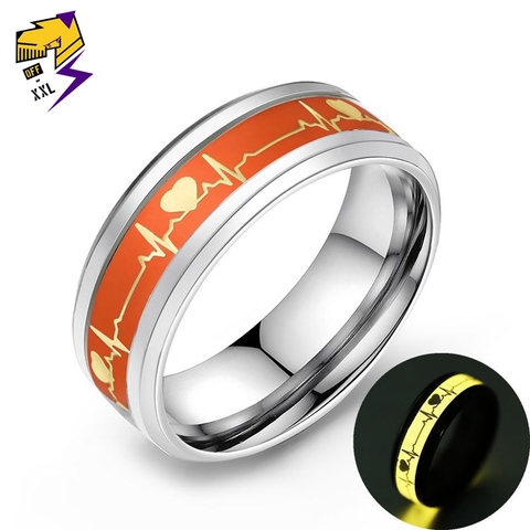 Bague d'électrocardiogramme en acier inoxydable, anneau lumineux, coeur, lueur dans la vague sombre, amour, femme homme, bijoux de mariage ► Photo 1/6