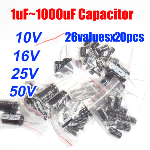 26valuesX20pcs = 520 pièces 10 V/16 V/25 V/50 V 1 UF-1000 UF Condensateur Électrolytique En Aluminium Kit D'assortiment ► Photo 1/1