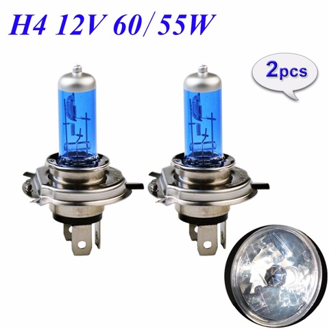 Lampe halogène H4 12V 60/55W 5000K pour voiture, ampoule au xénon, verre bleu foncé, Super blanc, 2 pièces ► Photo 1/5
