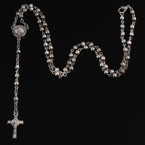 Collier de perles en acier inoxydable 4mm, petit chapelet, bijoux pour femmes, collier croix de jésus ► Photo 1/3