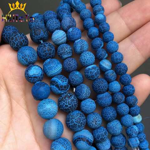 Perles en pierre naturelle, bleu foncé givré, veines de Dragon de feu craquelées, Agates, pour la fabrication de bijoux, Bracelet DIY 15 ''6/8/10mm ► Photo 1/6