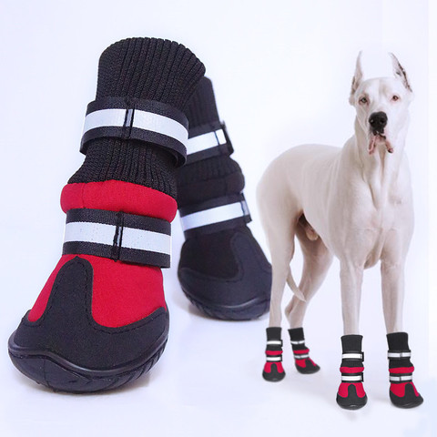 Ensemble de 4 pièces étanches antidérapantes pour les grands chiens, chaussures d'hiver pour les chiots, chaussures de Husky, protection des pattes, bottes chaudes, noires ► Photo 1/6