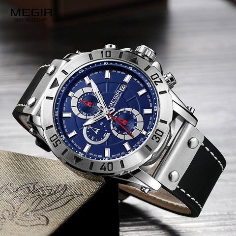 Megir-montre-bracelet chronographe étanche pour hommes, bracelet en cuir, sport de l'armée, bleu, 2081 ► Photo 1/1