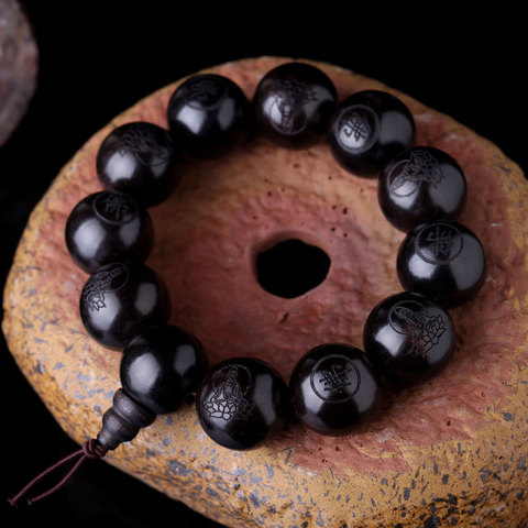 Bracelets de prière bouddhiste en ébène naturel, perles de 15mm 20mm, grande Sculpture, bijoux de méditation pour hommes et femmes ► Photo 1/6